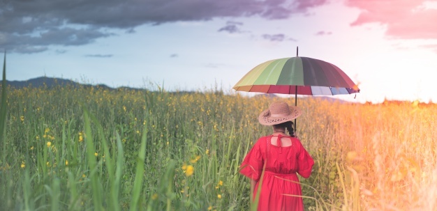 Petite fille regardant la prairie sous un ciel gris avec son parapluie multicolore